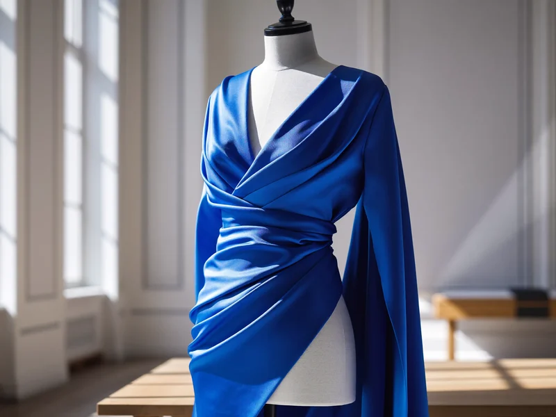Kobaltblaues Wickelkleid auf einer Schneiderbüste im Tageslichtstudio