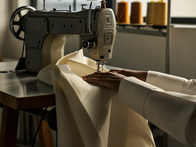 Hände einer Näherin führen Stoff unter die Nadel einer Nähmaschine im Atelier
